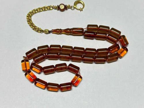 Abdülhakim Karasapan Altın Püsküllü Eski Tirbüşon Sıkma Kehribar Tesbih