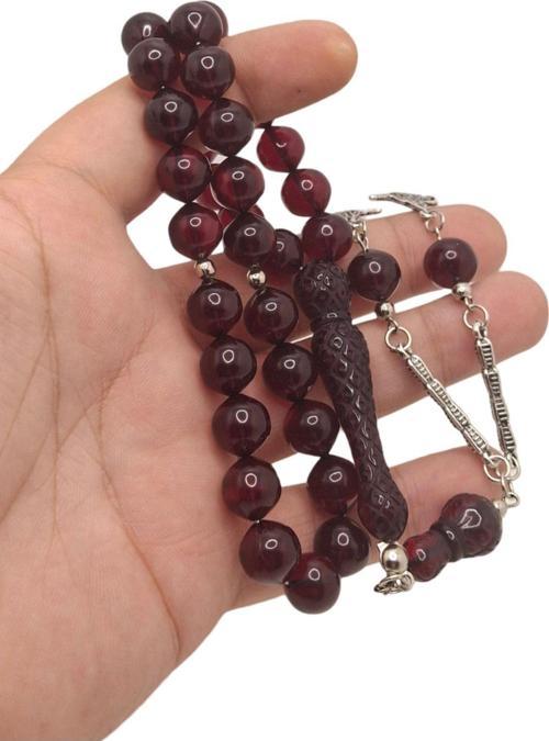 Koyu Kırmızı Uçlu Küre İşlemeli Toz Kehribar Tesbih