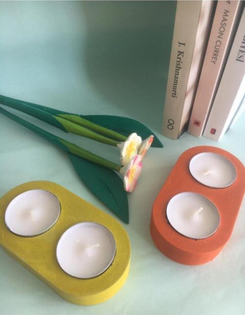 El Yapımı %100 Beton 2Li Tealight Mumluk - Turuncu & Sarı - 4 Saat Yanma Süreli Mumlar Hediyedir