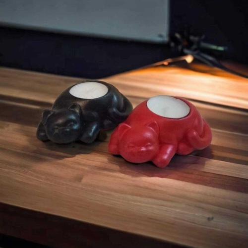 %100 Beton - 2’Li Kedi Tealight Mumluk - Mum Hediyeli - Metalik Kırmızı & Metalik Siyah