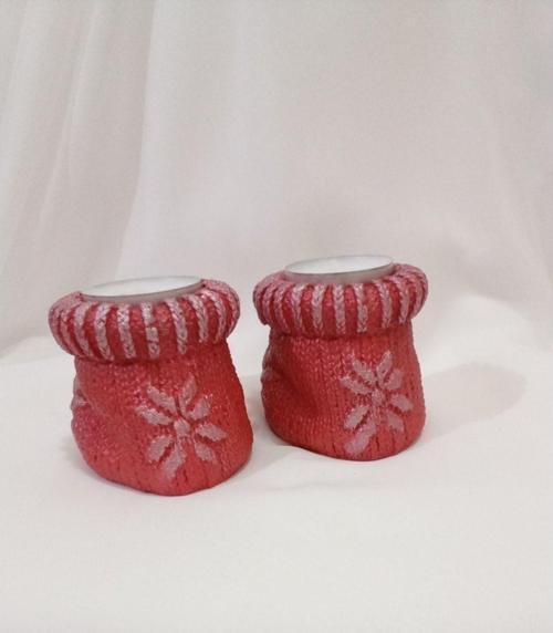 %100 Beton - 2Li Çorap Görünümlü Tealight Mumluk - Mum Hediyeli - Metalik Kırmızı