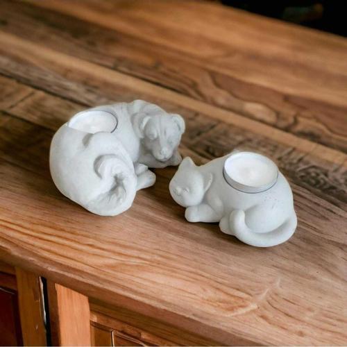 %100 Beton - 2Li Kedi - Köpek Tealight Mumluk - Mum Hediyeli - Gri