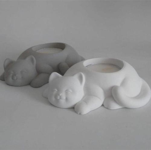 %100 Beton - 2Li Kedi Tealight Mumluk  Gri & Beyaz