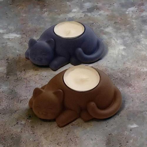 %100 Beton - 2Li Kedi Tealight Mumluk - Mum Hediyeli - Lacivert & Kahverengi