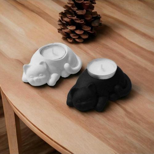%100 Beton - 2Li Kedi Tealight Mumluk - Mum Hediyeli - Siyah & Beyaz