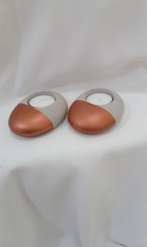 %100 Beton - 2Li Taş Model Tealight Mumluk - Mum Hediyeli - Bakır Renk