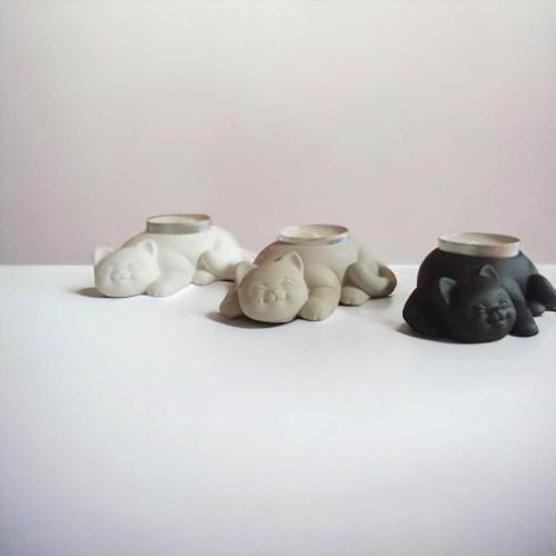 %100 Beton - 3Lü Kedi Tealight Mumluk - Siyah & Beyaz & Natürel - Mum Hediyeli