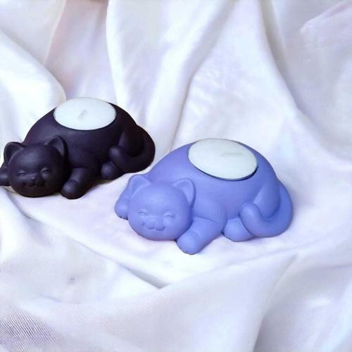%100 Beton - Dekoratif 2Li Kedi Tealight Mumluk - Mum Hediyeli - Mor & Lila