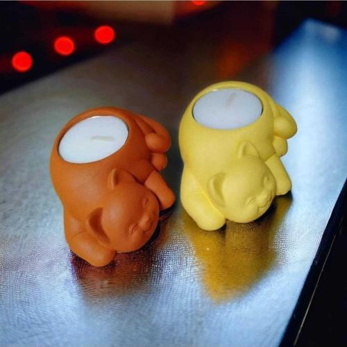 %100 Beton - Dekoratif 2Li Kedi Tealight Mumluk - Mum Hediyeli - Turuncu & Sarı