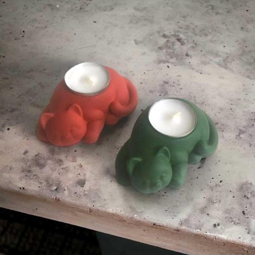 %100 Beton - Dekoratif 2Li Kedi Tealight Mumluk - Mum Hediyeli - Yeşil & Kırmızı