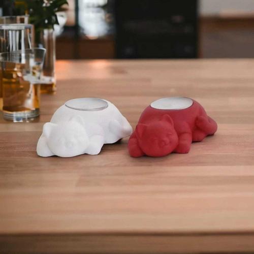%100 Beton - Dekoratif Kedi Tealight Mumluk - Kırmızı & Beyaz - Mumlar Dahil