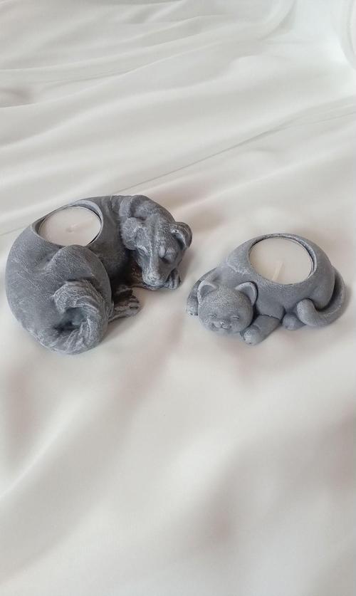 %100 Beton - Kedi & Köpek Tealight Mumluk - Mum Hediyeli - Taş Efekt Boyama