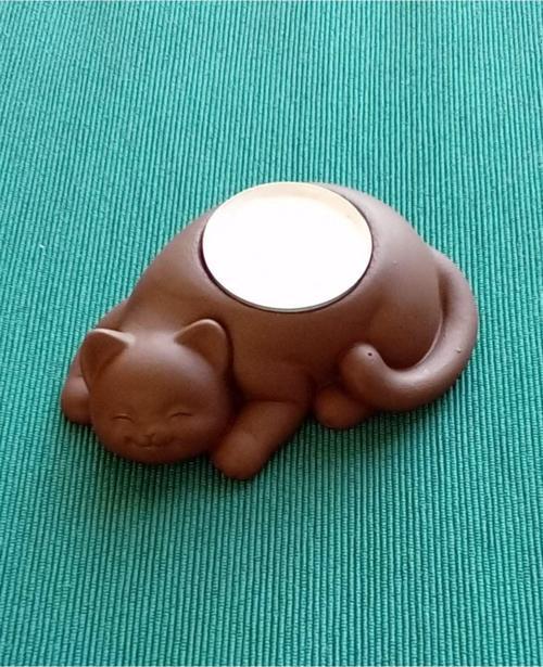 %100 Beton - Kedi Tealight Mumluk - Mum Hediyeli - Kahverengi
