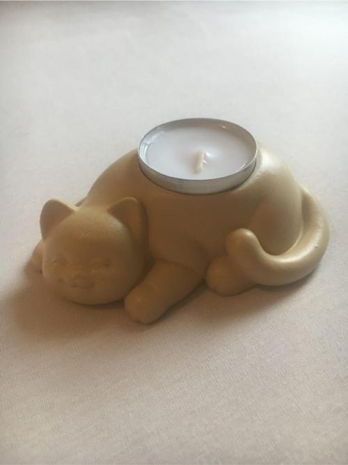 %100 Beton - Kedi Tealight Mumluk - Mum Hediyeli - Kese Kağıdı Rengi