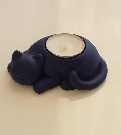 %100 Beton - Kedi Tealight Mumluk - Mum Hediyeli - Lacivert