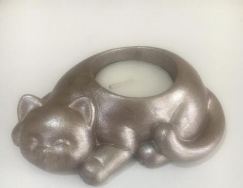 %100 Beton - Kedi Tealight Mumluk - Mum Hediyeli - Metalik Antik Bej