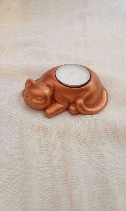 %100 Beton - Kedi Tealight Mumluk - Mum Hediyeli - Metalik Bakır