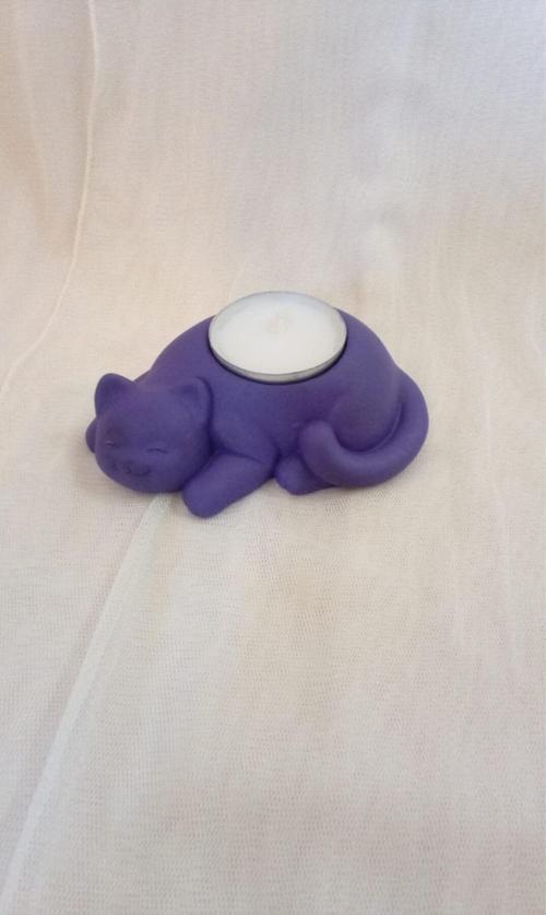 %100 Beton - Kedi Tealight Mumluk - Mum Hediyeli - Mor