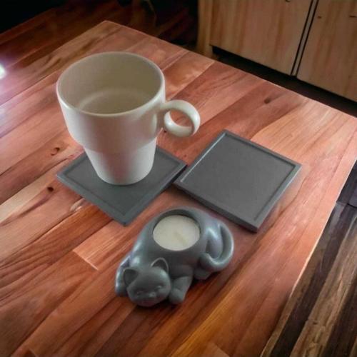 %100 Beton - Kedi Tealight Mumluk Ve 2Li Bardak Altlığı - Mum Hediyeli - Antik Gri