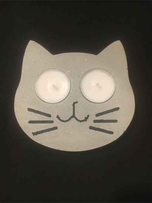%100 Beton - Kedi Yüzü Tealight Mumluk - Mum Hediyeli