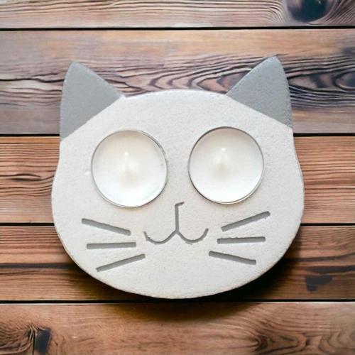 %100 Beton - Kedi Yüzü Tealight Mumluk - Mum Hediyeli
