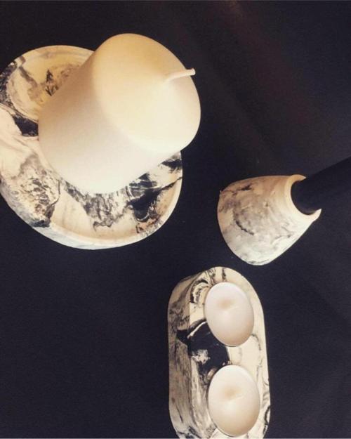 %100 Beton - Mermer Görünümlü Mumluk Seti - Tealight & Şamdan & Silindir - Mumlar Dahil