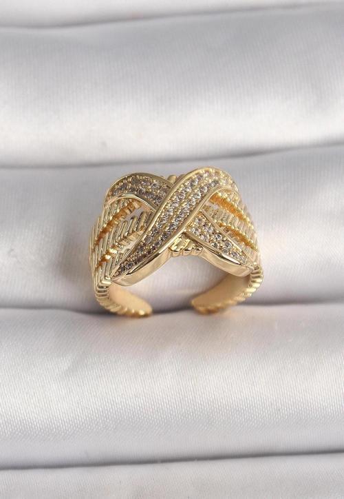 Pirinç Gold Renk Ayarlanabilir Zirkon Taşlı X Model Kadın Yüzük - EBJ250207W31149