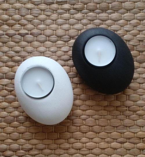 %100 Beton 2Li Taş Model Tealight Mumluk - 14 Gr Mumlar Dahil - Siyah & Beyaz