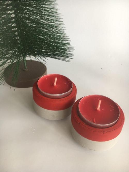 %100 Beton 2Li Tealight Mumluk - Kırmızı - Yılbaşı