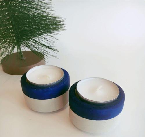 %100 Beton 2Li Tealight Mumluk - Mumlar Dahil - Lacivert