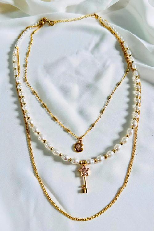 TAŞLI YILDIZ ANAHTAR İNCİLİ ZİNCİR ÇOKLU KOLYE KOLYE