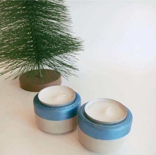 %100 Beton 2Li Tealight Mumluk - Mumlar Dahil - Metalik Mavi