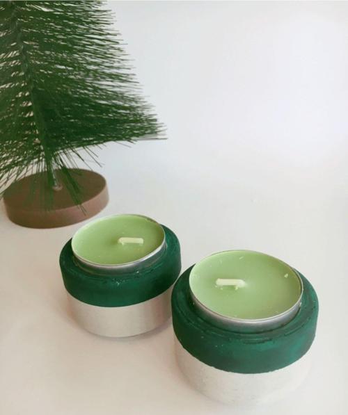 %100 Beton 2Li Tealight Mumluk - Mumlar Dahil - Yeşil