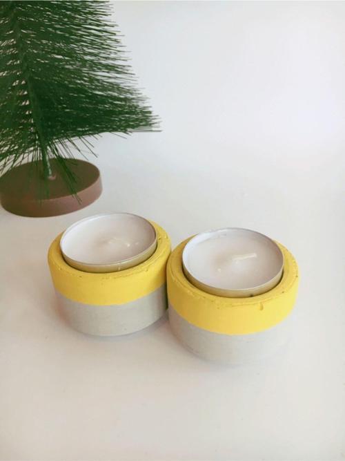 %100 Beton 2Li Tealight Mumluk- Mumlar Dahil - Sarı