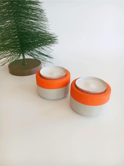 %100 Beton 2Li Tealight Mumluk- Mumlar Dahil - Turuncu