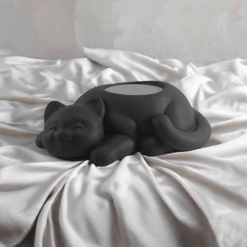 %100 Beton Dekoratif Kedi Tealight Mumluk - Mum Hediyeli - Siyah