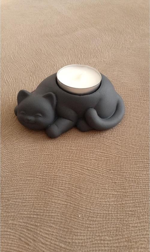 %100 Beton Kedi Tealight Mumluk - Mum Hediyeli - Antrasit