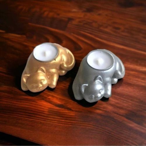 2’Li Kedi Tealight Mumluk - Mum Hediyeli - Metalik Gri & Altın