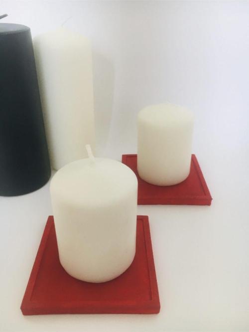 2Li Silindir Mum Tabağı - Mum Hediyeli - Kırmızı - Yılbaşı