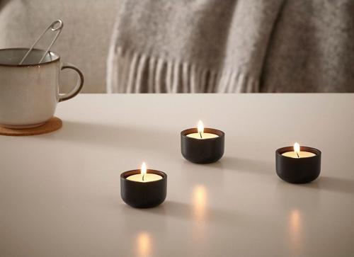 3Lü %100 Beton Mat Siyah Tealight Mumluk - 3 Cm - Mumlar Dahil