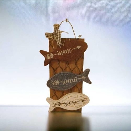 Ahşap - Balık Temalı - Duvar Panosu - 17,5X40 Cm - Motto Inanç - Umut- Sevgi