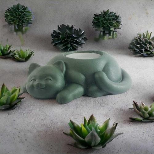 Kedi Tealight Mumluk - Mum Hediyeli - Yeşil