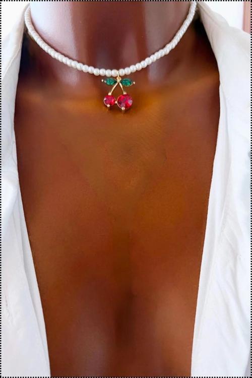 Kadın Beyaz Incili Kiraz Choker Tasma Kolye