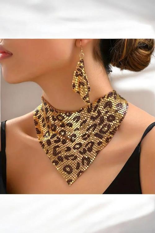 ŞAL MODEL LEOPAR ZIRH METAL TASARIM KOLYE KÜPE SET
