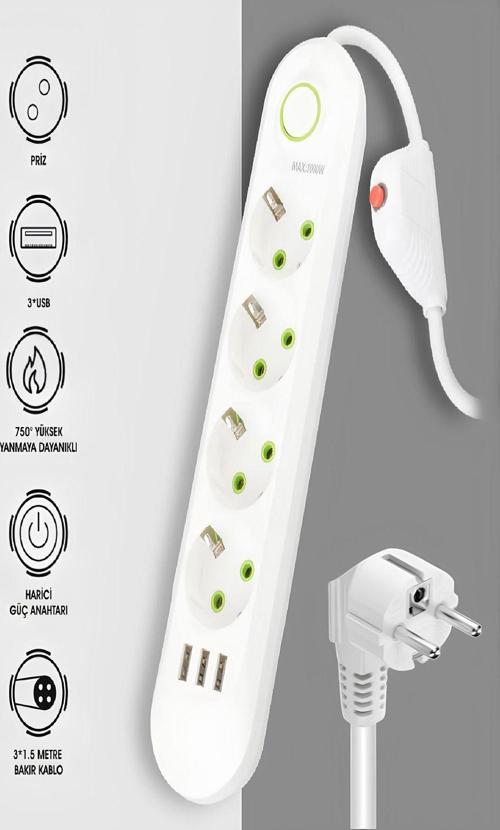 Akım Korumalı 4'Lü Grup Priz 3 Usb Çıkışlı 1.5 M Kablolu Priz 3000 Watt