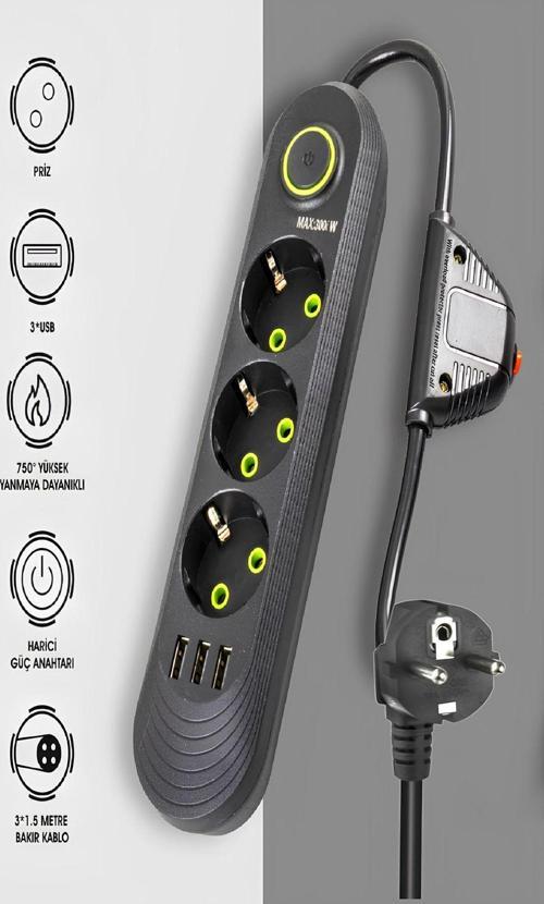 Akım Korumalı Priz 3'Lü Grup Priz 3 Usb Çıkışlı 1.5 Metre