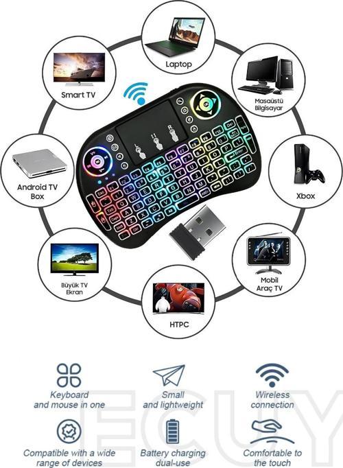 Bluetooht Uyumlu Kablosuz Klavye Mouse Tv Klavye Işıklı Kablosuz Mini Klavye Dokunmatik Mouse