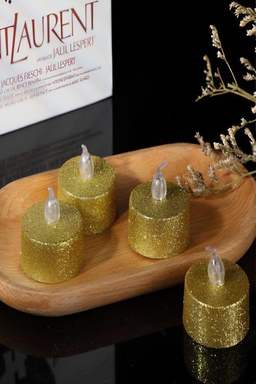 Dekoratif 4 Adet Led Tealight Mum Alev Yanma Efektli Led Işıklı Mum Dekor Alevsiz Mum Altın Renk