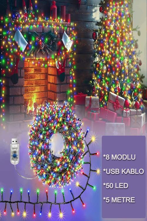 Led Işık Zinciri Usb Güç Kablolu Yılbaşı Oda Balkon Renkli Led Işık 8 Modlu 5 Metre Led Işık Zincir