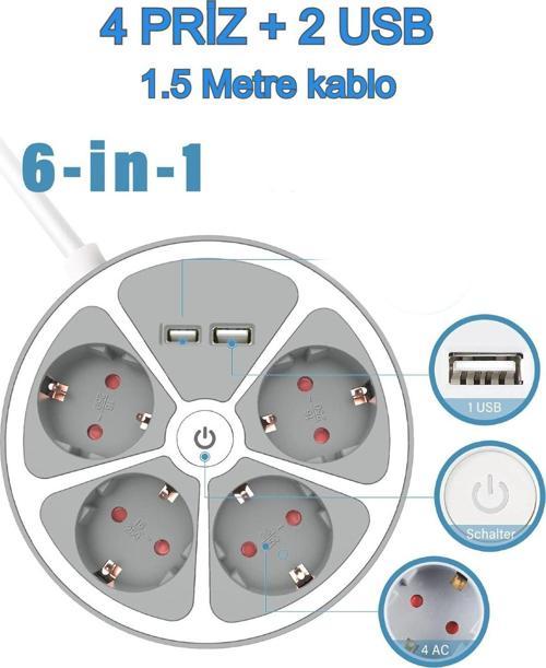 Priz 4 Bölmeli 2 Usb Grişli Yuvarlak Çoklu Grup Priz Çocuk Korumalı  Anahtarlı 1.5 Metre Kablolu
